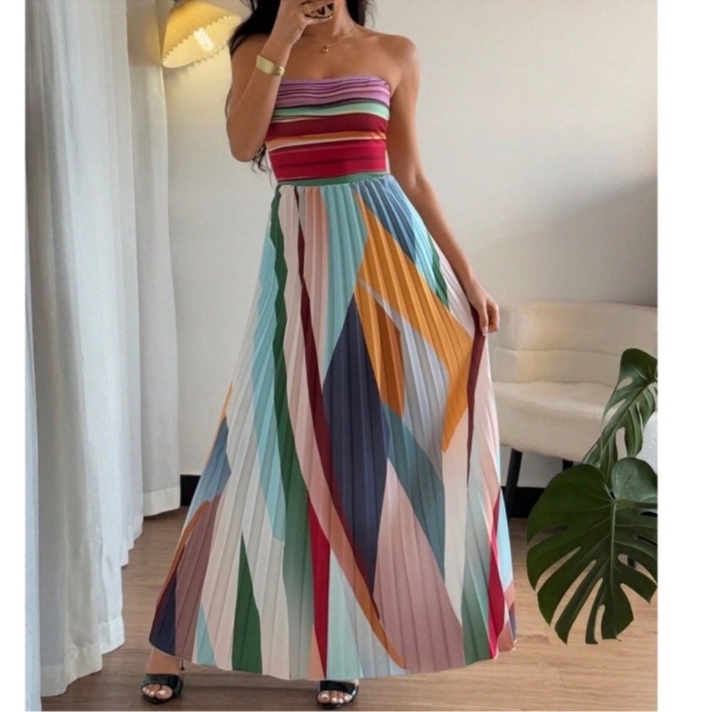 Boho Multicolor Strapless Pleated Stretchy Waist maxi Dress new